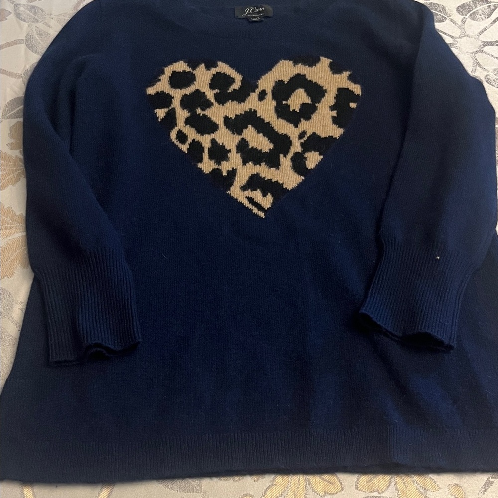 J. Crew Navy 100% Cashmere Sweater with Leopard Heart